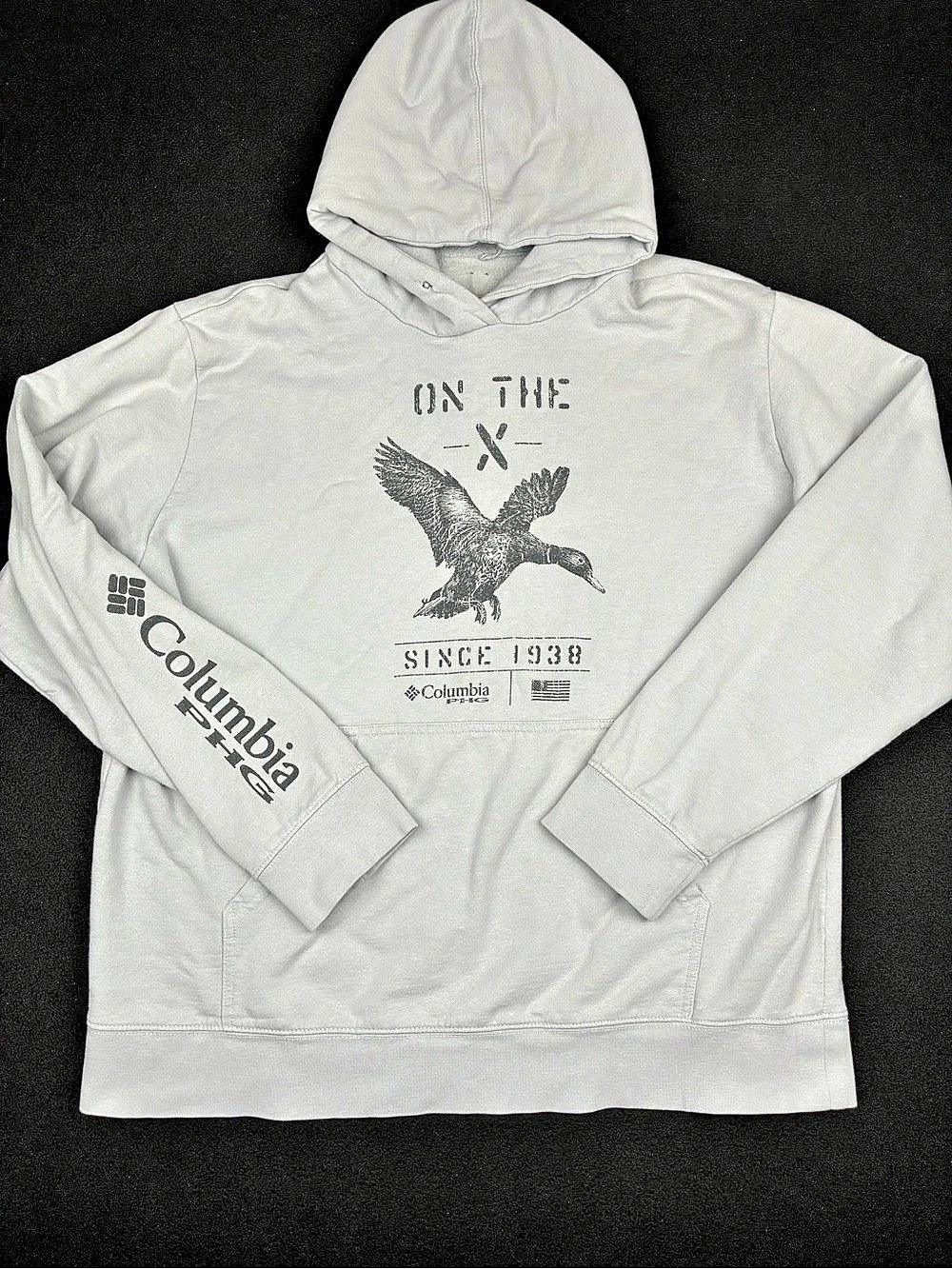 Columbia PHG On The X Graphic Waterfowl Hunting Hoodie Mens Large Light Grey